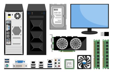 Realistic computer monitor, RAM computer Memory, CPU, Winchester disk, Motherboard, Processor cooler, ports, audio and video card for pc. Set of cloud computing services and technology, data storage.