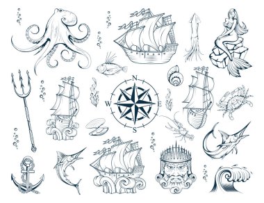 Nautical elements set with sailor sea animals, mermaid, ship, diving helmet, anchor, compass, poseidon, trident and octopus. Set of sea and nautical decoration. Collection marine, maritime or nautical