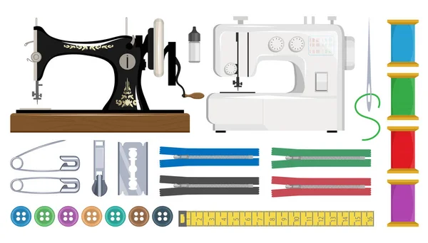 Nähmaschine retro. Werkzeuge und Materialien Nähen und Handarbeiten. Nähmaschine, Nadel, Sicherheitsnadel, Schere, Reißverschluss, Garn, Aufhänger und Garnspule. Nähwerkstatt oder Schneiderei. — Stockvektor