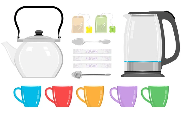 Teeservice vorhanden. Teekanne und Becher vorhanden. Glas Teekanne, Teebeutel, grüner Tee. Set aus Wasserkocher, Retro-Wasserkocher, Zucker und Tasse. Vektor-Illustration des Logos für Keramik-Teekanne. — Stockvektor