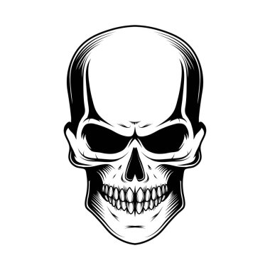 Hippi kafatası ve bıyıklı monokrom çizimi. Amblem dövmeli kafatası. Cadılar Bayramı partisi, tatil, kıyafet, baskı, ikon, logo, kağıt, dekor. Antika insan kafatası ve çenesi.