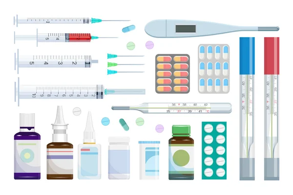 Set Mit Verschiedenen Pillen Medikamenten Impfstoff Spritze Und Thermometer Tabletten — Stockvektor