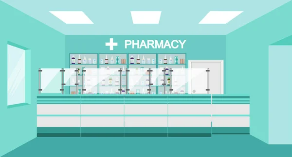 Interior Farmacia Con Estantes Medicamentos Mostrador Cajero Farmacia Interior Farmacia — Vector de stock