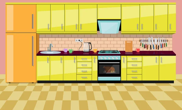家具付きのキッチンインテリア キッチンキャビネット 冷蔵庫 オーブン 電子レンジ ハブと抽出フード付きの家庭料理の部屋 居心地の良いキッチン モダンな居心地の良いキッチンインテリア — ストックベクタ