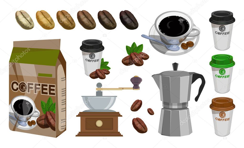 Coffee house. Coffee shop. Set With Turk, Cups, Bag With Beans, Coffee Mill,Coffee Maker, Kettle, Cups, Latte. Coffee beans realistic set showing various stages of roasting.