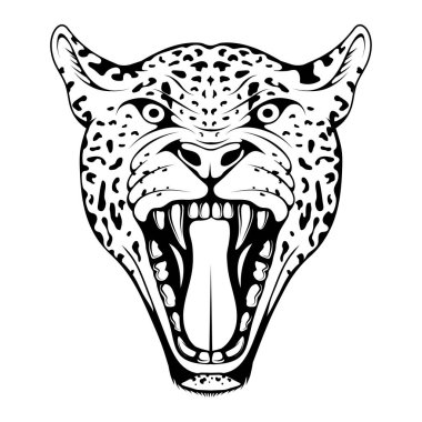 Jaguar, panter, Amerikan kaplanı. Kızgın suratlı panter. Jaguar maskotu logosu. Jaguar Maskot Renkli Logosu. Panter dövmesi. Kızgın hayvan spor maskotu. Leopar derisi deseni. Vahşi kediler
