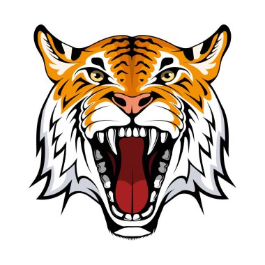 Kızgın kaplan yüzü, beyaz arka planda izole edilmiş, logo ya da takım maskotu kadar uygun. Bengal Kaplanı. Yırtıcı hayvan. Kaplan Maskotu Renkli Logosu. Hayvan dövmesi. Kızgın hayvan spor maskotu. Vahşi büyük kedi.