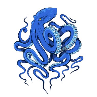 Ahtapot. Poulpe, şeytan balığı. Deniz ürünleri illüstrasyonu. Ahtapot dokunaçları. Amblem dövmesi, maskot, logo, tişört ya da kulüp sembolü. Okyanus hayvanı. Deniz mahsulleri, mürekkep balığı..