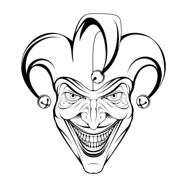 Joker Gülümse. Posterler, ikon, maskot. Joker Esport maskot logosu. Şakacı kafa. Soytarı ikonu. Soytarı logosu. Eğlenceli. Korkunç palyaço suratı. Kızgın gülümsemeli ürkütücü Cadılar Bayramı maskeleri. Soytarı ve Joker karakteri