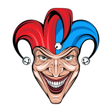 Joker Gülümse. Posterler, ikon, maskot. Joker Esport maskot logosu. Şakacı kafa. Soytarı ikonu. Soytarı logosu. Eğlenceli. Korkunç palyaço suratı. Kızgın gülümsemeli ürkütücü Cadılar Bayramı maskeleri. Soytarı ve Joker karakteri