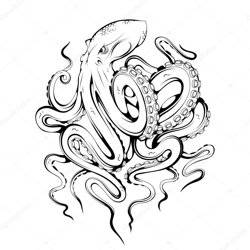 Octopus. Poulpe, devilfish. Seafood illustration. Tentacles of an octopus. Emblem sketch tattoo, mascot, logo, t-shirt or club symbol. Ocean animal. Seafood sea animal squid.