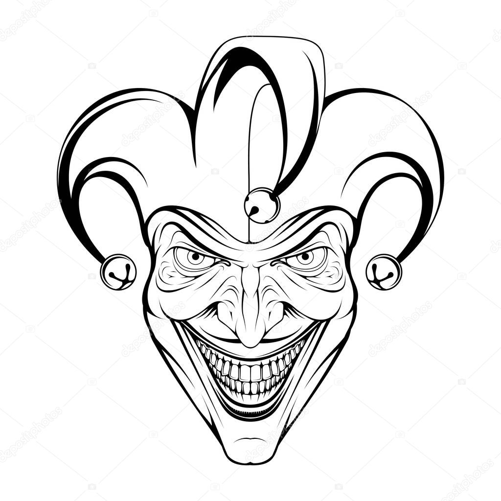 Joker Smile. Posters, Icon, Mascot. Joker esport mascot logo. Jokester head. Jester icon. Buffoon logo. Funster. Creepy clown face. Spooky Halloween masks with angry smile. Jester and Joker character