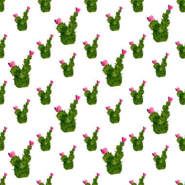 Elleri pürüzsüz, yeşil kaktüslü ve pembe çiçekli. Suluboya / İşaretleyici tasarımı