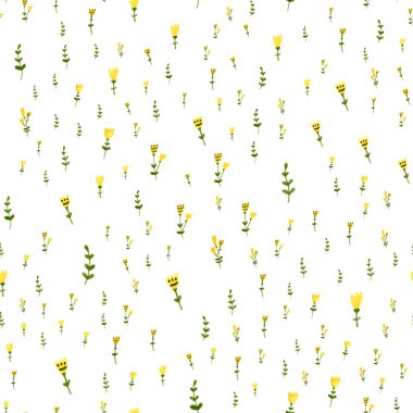 Küçük sarı çiçekler ve yeşil yapraklarla el çizimi pürüzsüz desen. İşaretleyici / Suluboya çizimi
