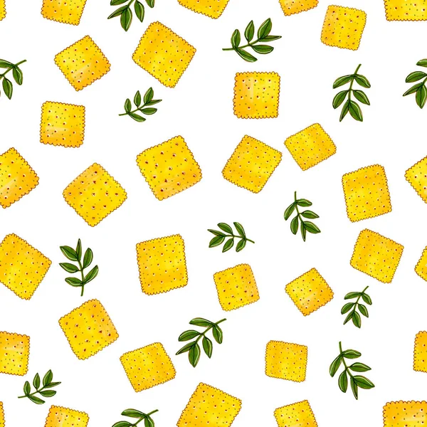 Niedliches Handgezeichnetes Muster Mit Gelben Keksen Und Grünem Basilikum Marker — Stockfoto
