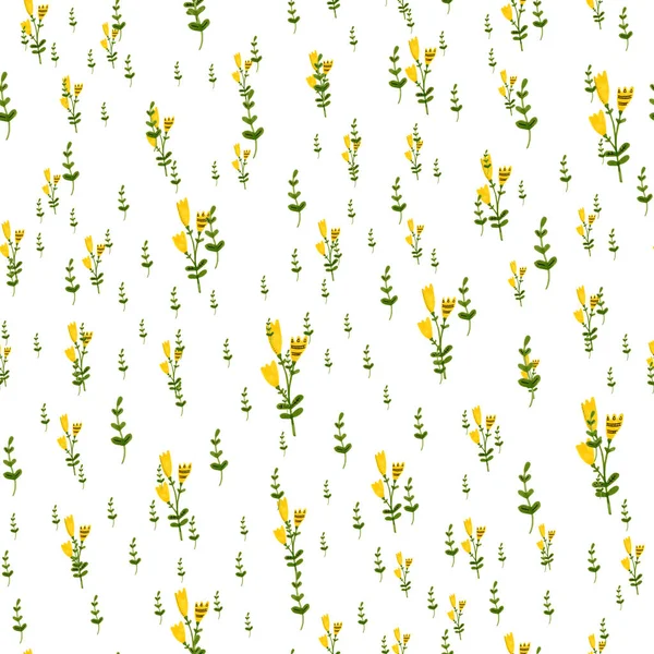 黄色の花や緑の枝でシームレスなパターンを描いた混沌とした手 マーカー 水彩イラスト — ストック写真