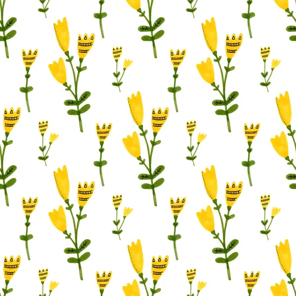 Hand Drawn Seamless Pattern Wild Yellow Flowers Green Leaves Marker — Stock Photo, Image