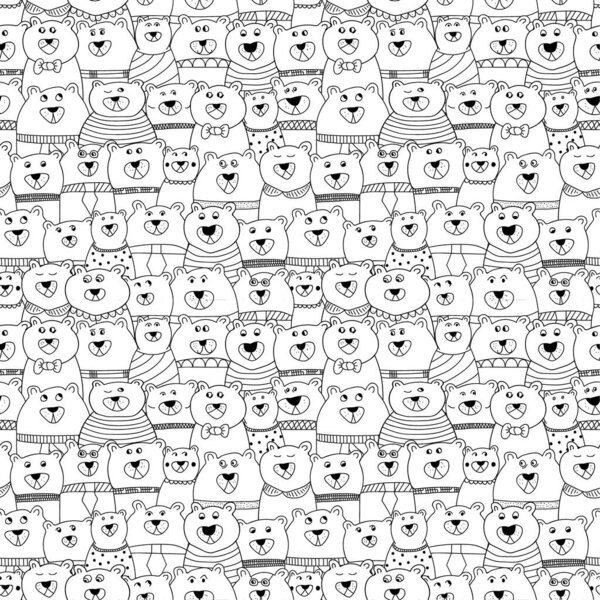 Seamless black and white pattern with bears with different emotion. Vector illustration.
