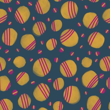 Koyu arkaplanda parlak sarı ve pembe daireler çizilmiş soyut el çizimi deseni. 