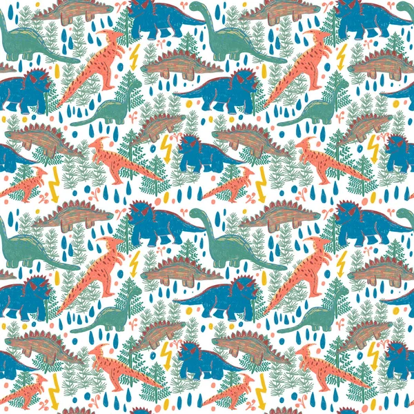 Seamless hand drawn pattern with dinosaurs and fern