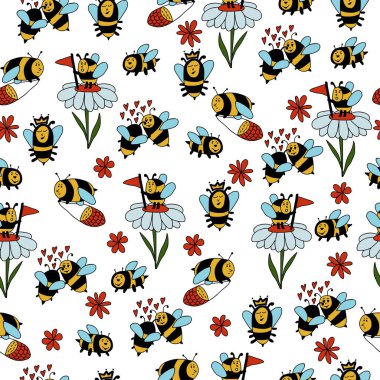 Güzel el yapımı arılarla kusursuz desen. Beyaz arkaplanda vektör tasarımı.