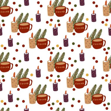 Mumlar, kakaolar ve köknar dallarıyla sıcacık, dikişsiz kış deseni. El çizimi illüstrasyon. 