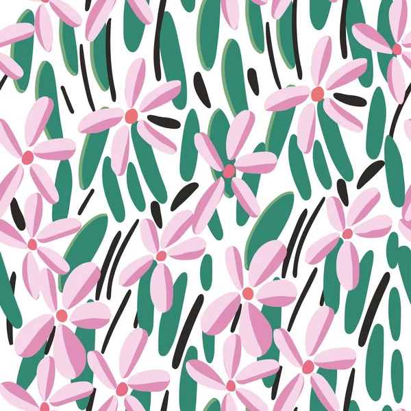 Hand Drawn Seamless Pattern Sakura Flowers Green Leaves — Stock Vector
