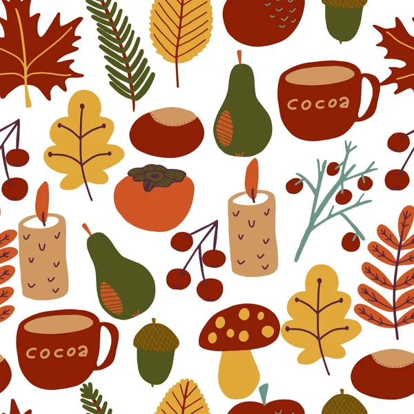 Cozy Autumn Seamless Pattern Leaves Branches Fruits Cups Candles Hand — Stock Vector