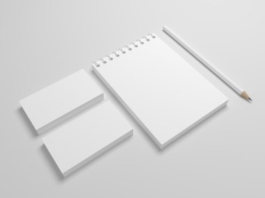 Gerçekçi 3d çizim notepad ile kalem ve kartvizit.