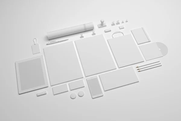 Set of 3d illustration stationery mock-up with a tablet — Stock Photo, Image