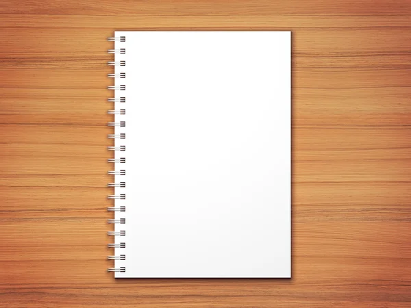 White 3d render blank spiral notepad on wooden desk texture. — Stock Photo, Image