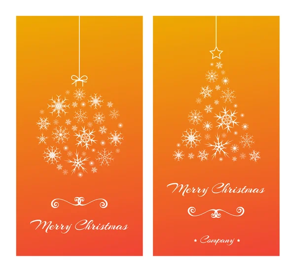 Tarjetas de Navidad con árbol y bola de copos de nieve en naranja . — Vector de stock