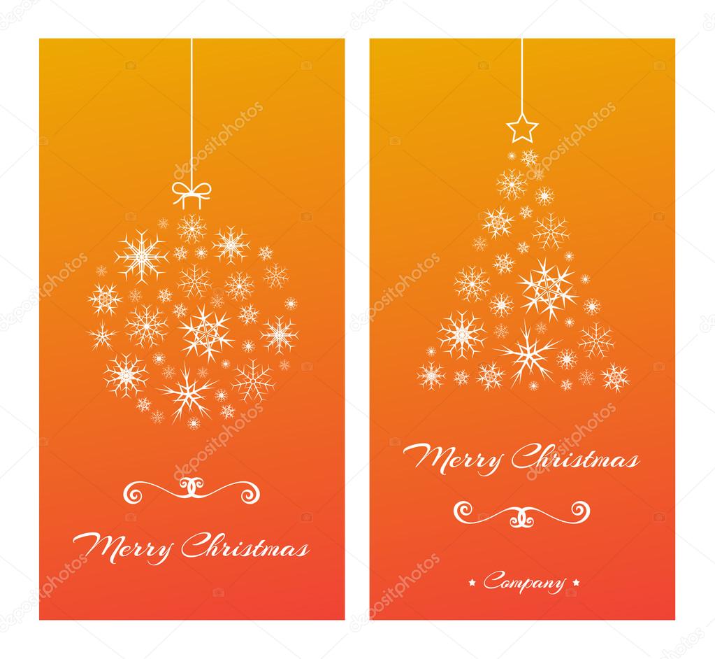 Christmas cards with tree and ball from snowflakes on orange.