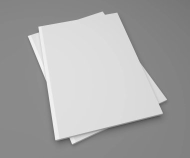 Mockup 3d resimde boş iki dergi, gri kitap.