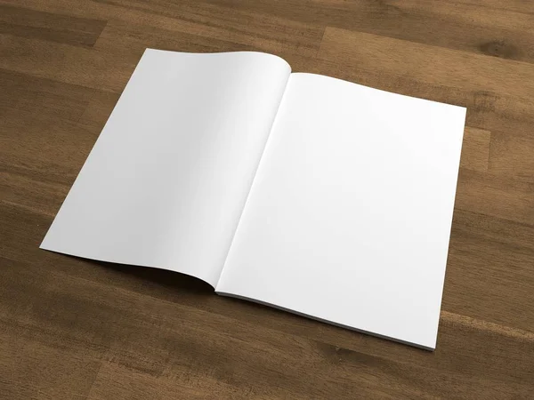 Boş 3d çizim dergi ahşap masa açıldı.