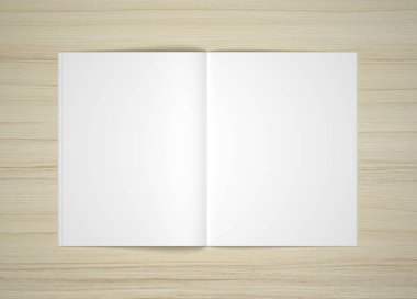 Ahşap masa üzerinde dergi mock-up boş 3d çizim açıldı.