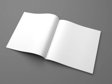 Kare açılan 3d çizim dergisi mock-up gri.