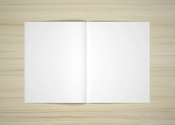 空白の 3 d 図を開いた木製のテーブルの上の雑誌のモックアップ. — ストック写真