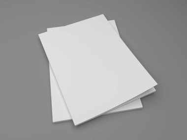 Mockup 3d resimde boş iki dergi, gri kitap.