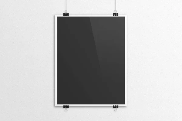 Zwart 3d illustratie poster mockup met glans en paperclips. — Stockfoto
