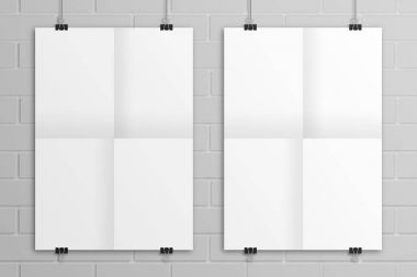 3D çizim asılı beyaz kağıt poster mockup katlanmış.