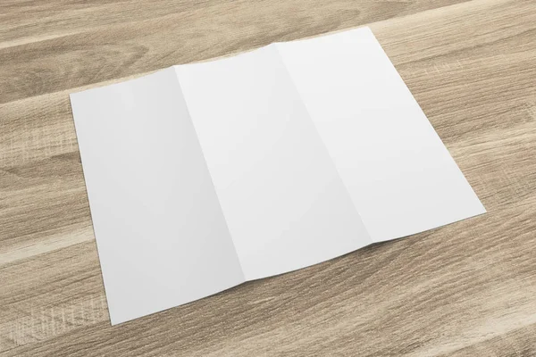 Lege 3d rendering gevouwen brochure mock-up met uitknippad op hout nr. 5 — Stockfoto