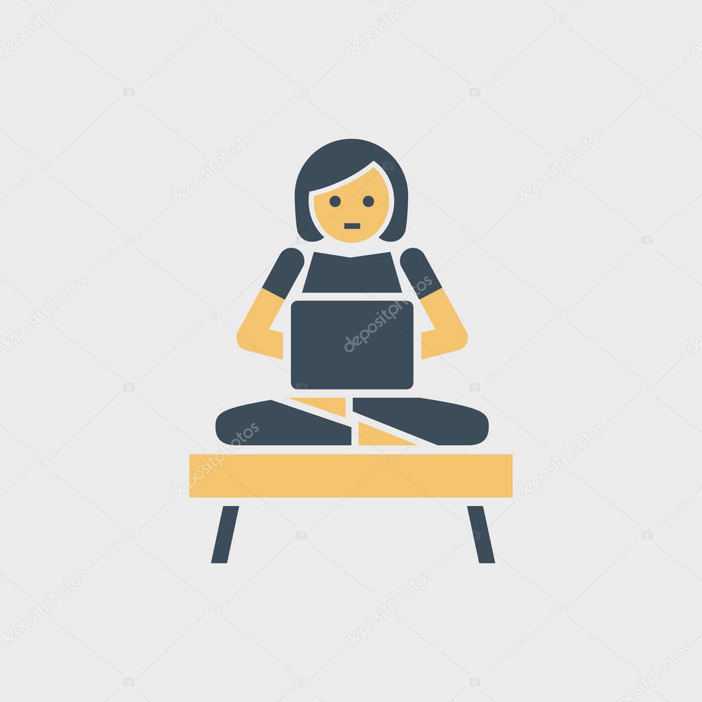 Vector woman character working with laptop.