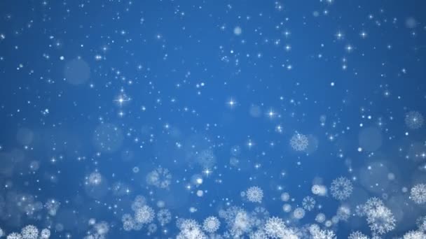 Blauer weihnachtlicher Hintergrund. Winterkarte mit Schneeflocken, Sternen und Schnee. — Stockvideo