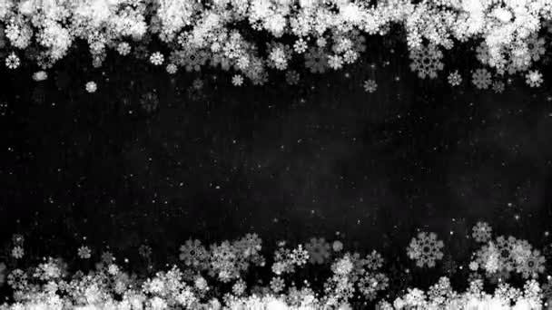 Fondo de marco de Navidad. Tarjeta de invierno abstracta con copos de nieve brillantes, estrellas y nieve . — Vídeo de stock