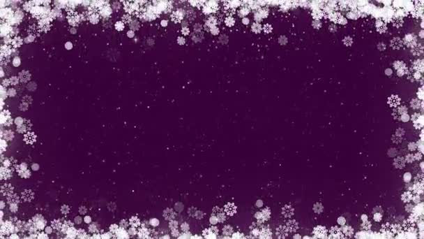 Cadre de carte de Noël avec flocons de neige sur fond violet . — Video