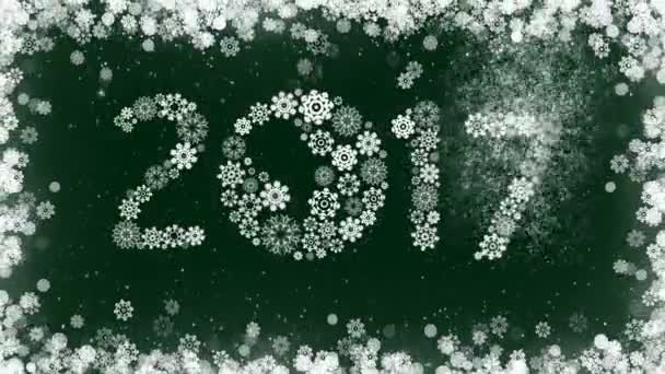 Felice anno nuovo 2017 biglietto di auguri su sfondo verde con bordo di fiocchi di neve . — Video Stock