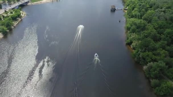 水上機での乗馬の空中トップビュー 川の表面にボート 4Kビデオ — ストック動画