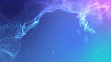 Üç boyutlu soyut dijital dalga ve küçük parçacıklar. Teknoloji geçmişinin kusursuz döngü animasyonu. Teknolojik siber uzayda güzel döngülenmiş 4k hareket.