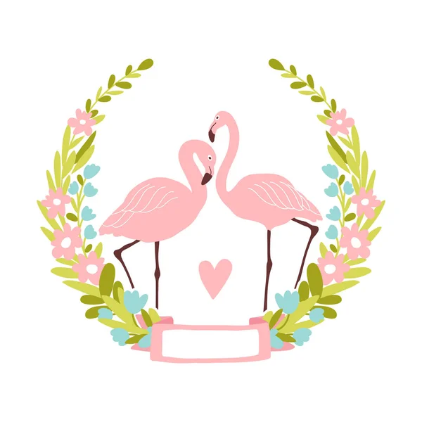 wedding invitation with flowers and pink flamingos, vector illustration. Freehand drawing